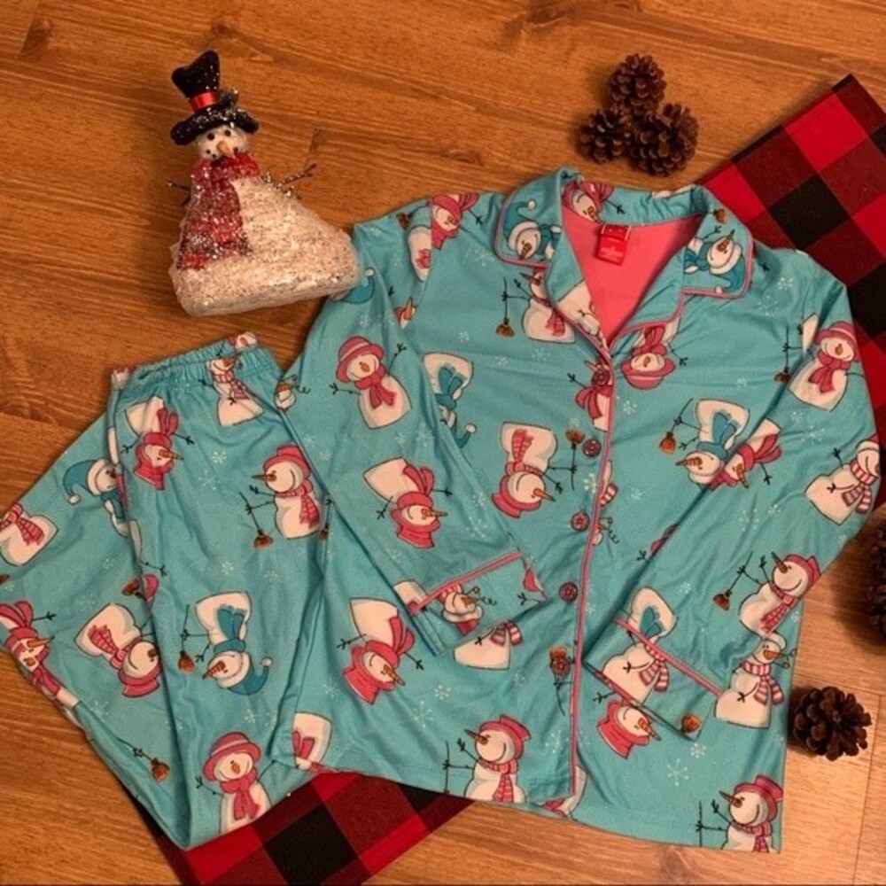 Girls Lightweight Fleece Blue/Pink/White Snowman Pajamas Size Medium